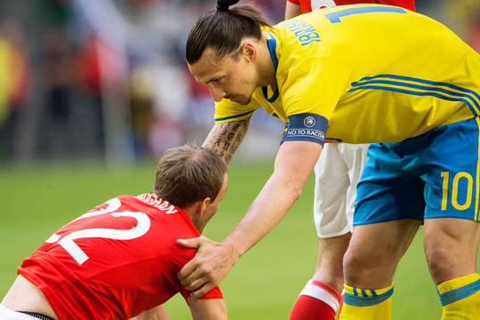 Sveriges Zlatan Ibrahimovic talar med Wales David Vaughan