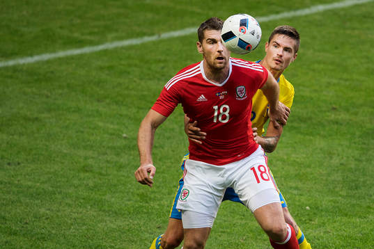 Wales Sam Vokes och Sveriges Mikael Lustig