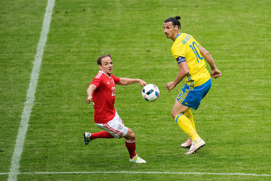 Wales David Vaughan och Sveriges Zlatan Ibrahimovic
