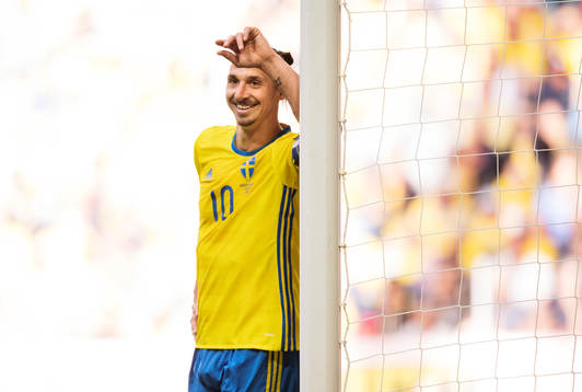 Sveriges Zlatan Ibrahimovic står vid en stolpe och ler
