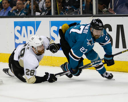 Pittsburgh Penguins defenseman Ian Cole (28) and San Jose