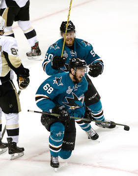 San Jose Sharks right wing Melker Karlsson (68) celebrates