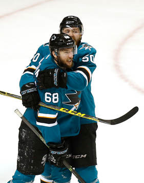 San Jose Sharks right wing Melker Karlsson (68) celebrates