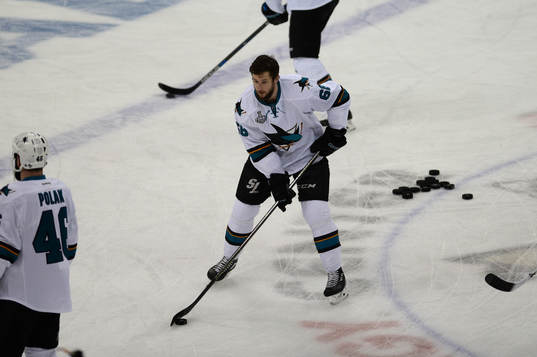 San Hose Sharks center Melker Karlsson (68) stick handles