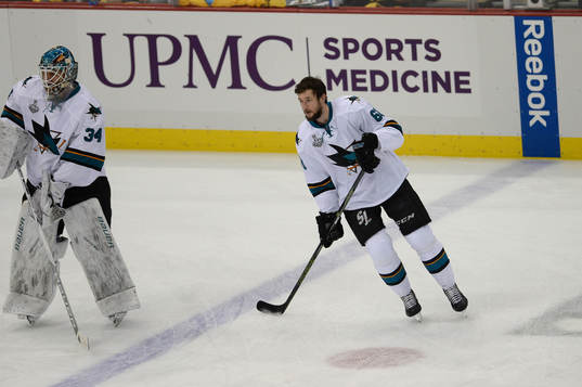 San Hose Sharks center Melker Karlsson (68) skates in