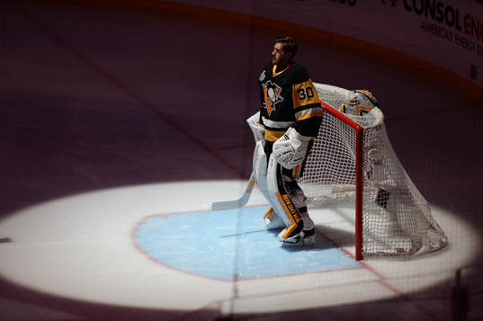 Pittsburgh Penguins goalie Matthew Murray (30) pauses for