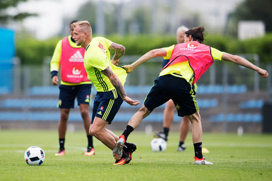John Guidetti blir dragen i tröjan av Albin Ekdal