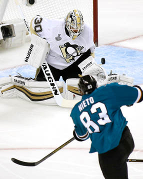 Pittsburgh Penguins goalie Matt Murray (30) blocks a shot