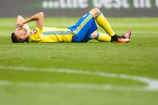 Sveriges Marcus Berg har ont i fotbollsmatchen mellan