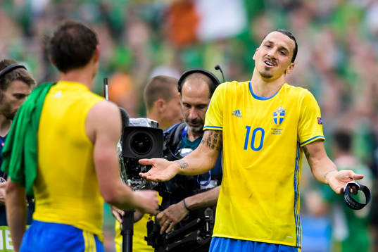 Sveriges Zlatan Ibrahimovic gestikulerar mot Kim Källström
