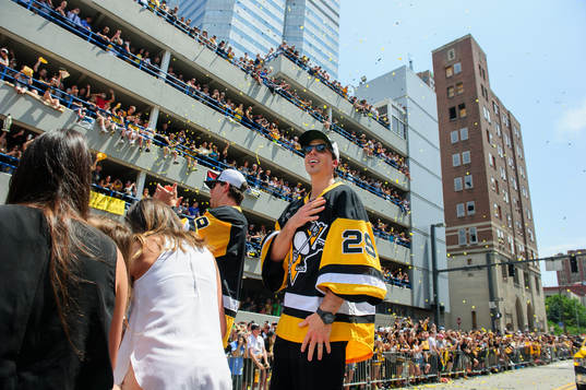 Pittsburgh Penguins goalie Marc-Andre Fleury thanks the