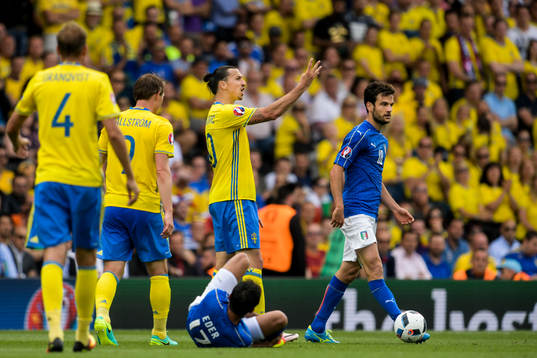 Sveriges Zlatan Ibrahimovic skriker på domaren i