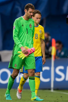 Sveriges målvakt Andreas Isaksson och Albin Ekdal deppar