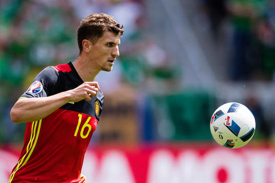 Belgiens Thomas Meunier i fotbollsmatchen mellan Belgien