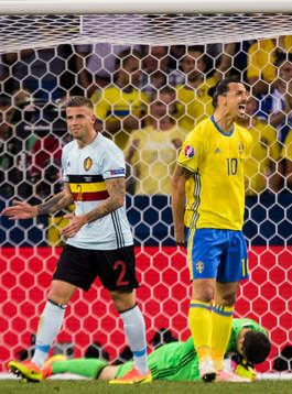 Sveriges Zlatan Ibrahimovic reagerar bredvid Belgiens Toby