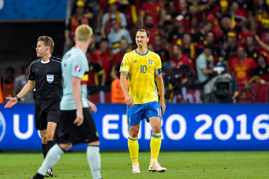 Sveriges Zlatan Ibrahimovic skriker på domare Felix Brych