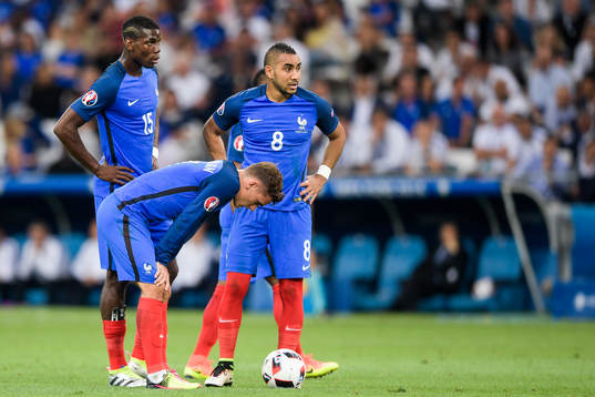 Frankrikes Paul Pogba , Dimitri Payet och Antoine Griezmann