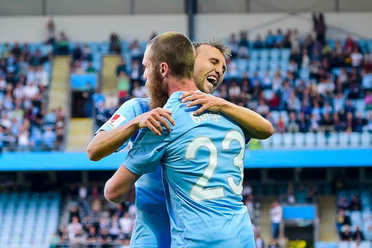 Malmö FFs Magnus Wolff Eikrem  och Jo Inge Berget jublar