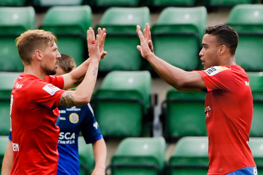 Helsingborgs Martin Christensen och Tyrell Rusike jublar