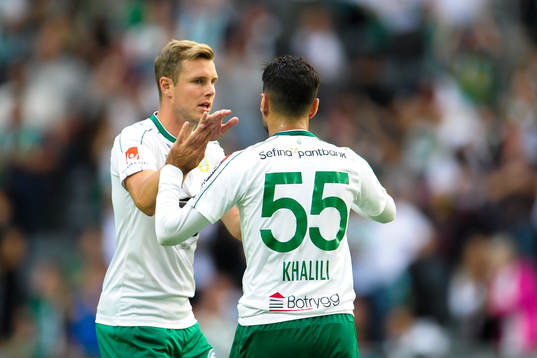 Hammarbys  Richard Magyar och Imad Khalili jublar