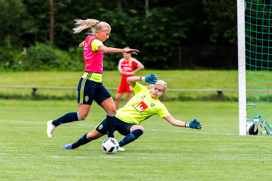 Sofia Jakobsson skjuter mot mål. Målvakt Emelie Lundberg