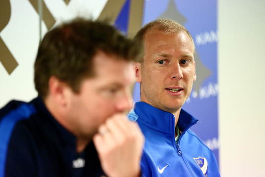 Norrköpings Andreas Johansson och tränare Jens Gustafsson