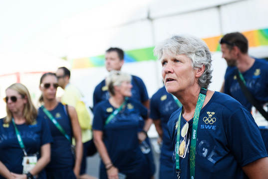 Sveriges förbundskapten Pia Sundhage på en pressträff