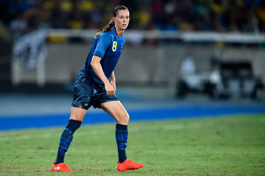 Sveriges Lotta Schelin i fotbollsmatchen mellan Brasilien