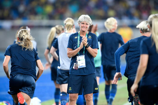 Sveriges förbundskapten Pia Sundhage i fotbollsmatchen