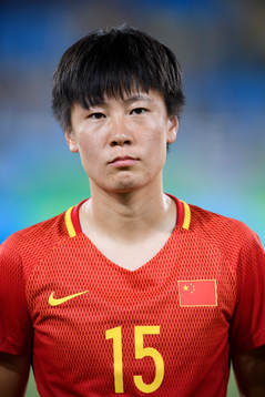 Kinas Rui Zhang vid lineup innan fotbollsmatchen mellan