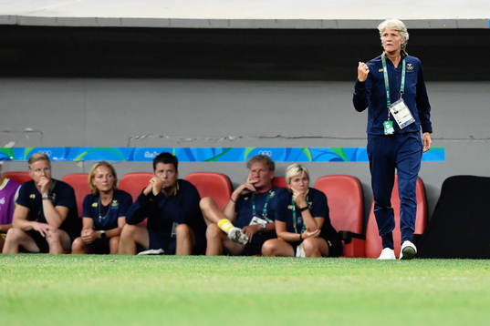 Sveriges förbundskapten Pia Sundhage i fotbollsmatchen