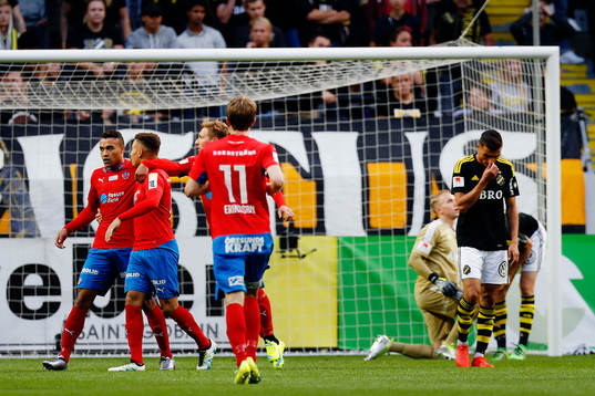 Helsingborgs Tyrell Rusike gör 0-1 och jublar med Jordan