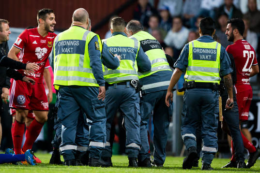 Ordningsvakter griper personen som sprang in på planen och