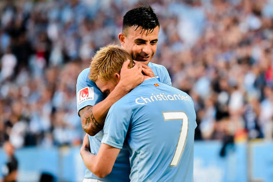 Malmö FFs Anders Christiansen och Behrang Safari jublar