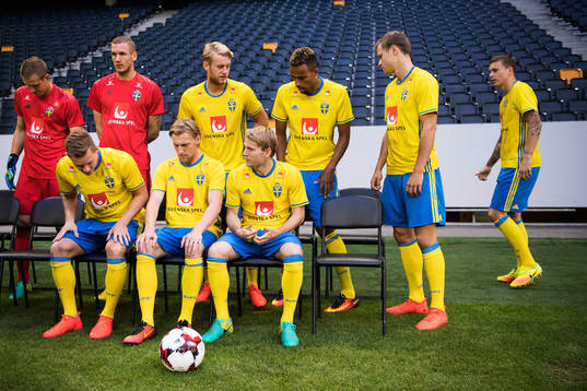 Sveriges fotbollslandslag ställer upp för en lagbild