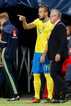 Sveriges Emir Kujovic och förbundskapten Janne Andersson