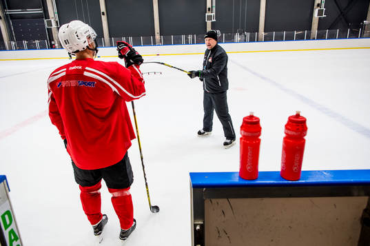 Tränaren Peter Andersson har genomgång med Ilari Filppula