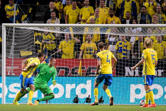 Sveriges målvakt Robin Olsen ser 1-1 målet från Hollands