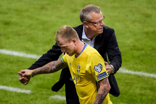 Sveriges förbundskapten Janne Andersson och John Guidetti