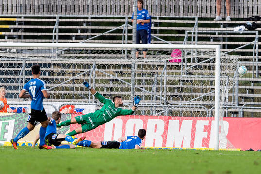 Halmstads målvakt Stojan Lukic ser bollen gå in i mål