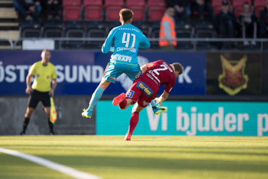 Östersunds Stefan Karlsson mot Helsingborgs målvakt Tomer
