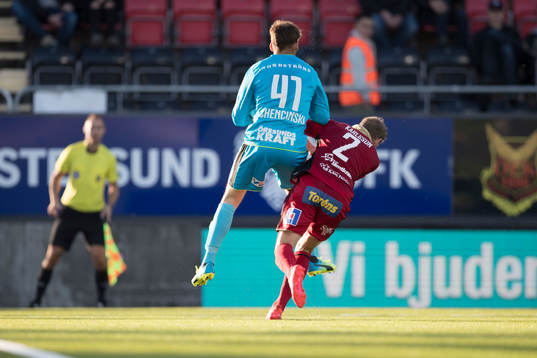 Östersunds Stefan Karlsson mot Helsingborgs målvakt Tomer