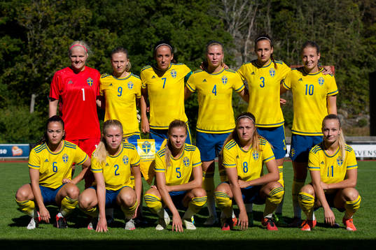 Sveriges startelva. Uppe fr.v. målvakt Emma Holmgren,