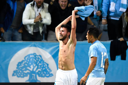 Malmö FFs Erdal Rakip och Yoshimar Yotún jublar