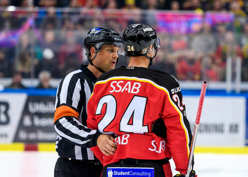 Domare Mikael Nord pratar med Luleås Johan Harju