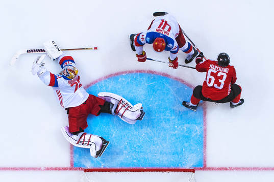 Rysslands målvakt Sergei Bobrovsky och Nikolay Kulemin