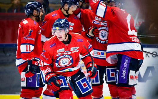 Linköpings Broc Little gör 1-0 och jublar med Garret Roe