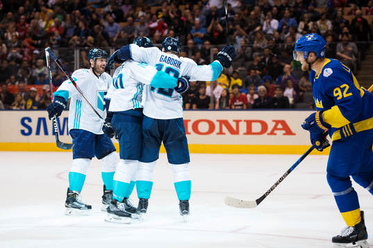Europas Mark Streit, Christian Ehrhoff och Marian Gaborik