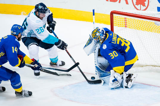 Europas Thomas Vanek och Sveriges Mattias Ekholm och