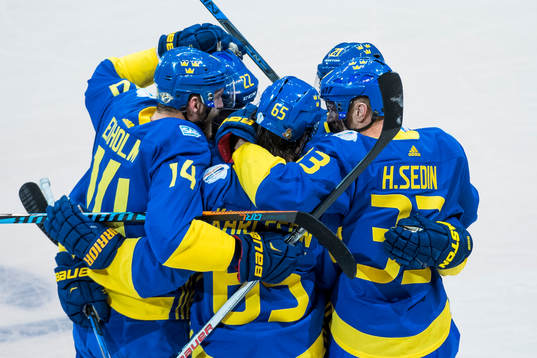 Sveriges spelare jublar med Erik Karlsson